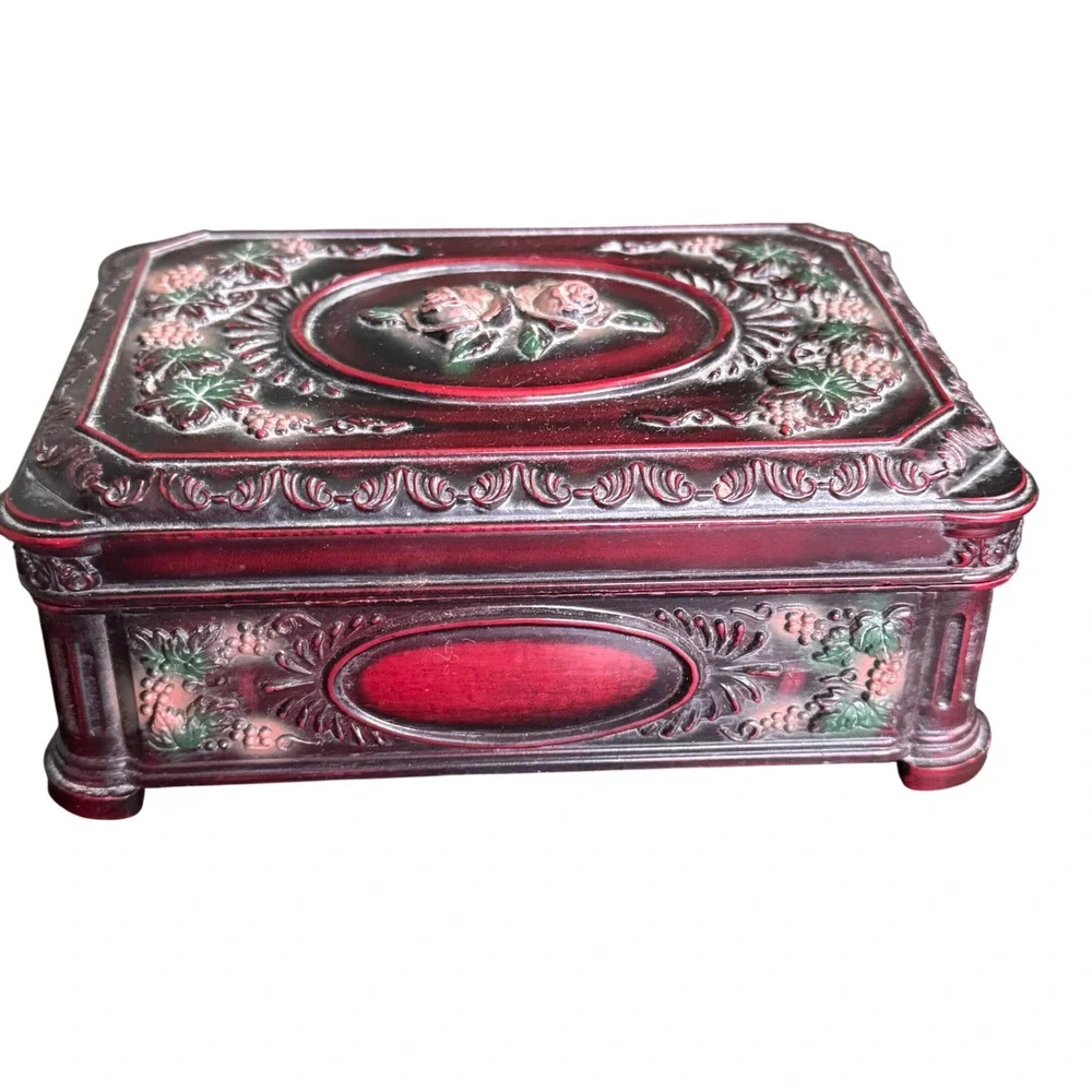 Vintage Style Burgundy Rose and Grapevine Relief Celluloid Jewelry Box